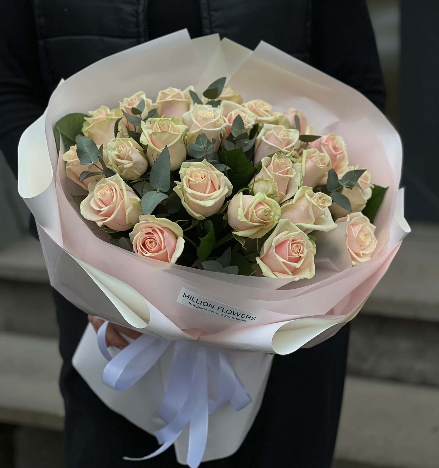 Кремова троянда Талея Преміум 21 шт 40 см + Евкаліпт-0